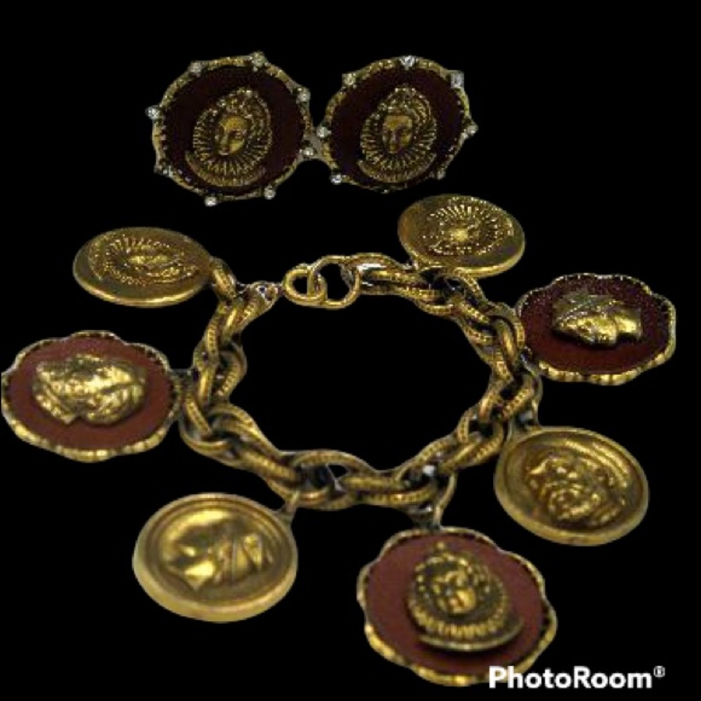 Vintage Signed ART Elizabethan Charm Bracelet Earring Set